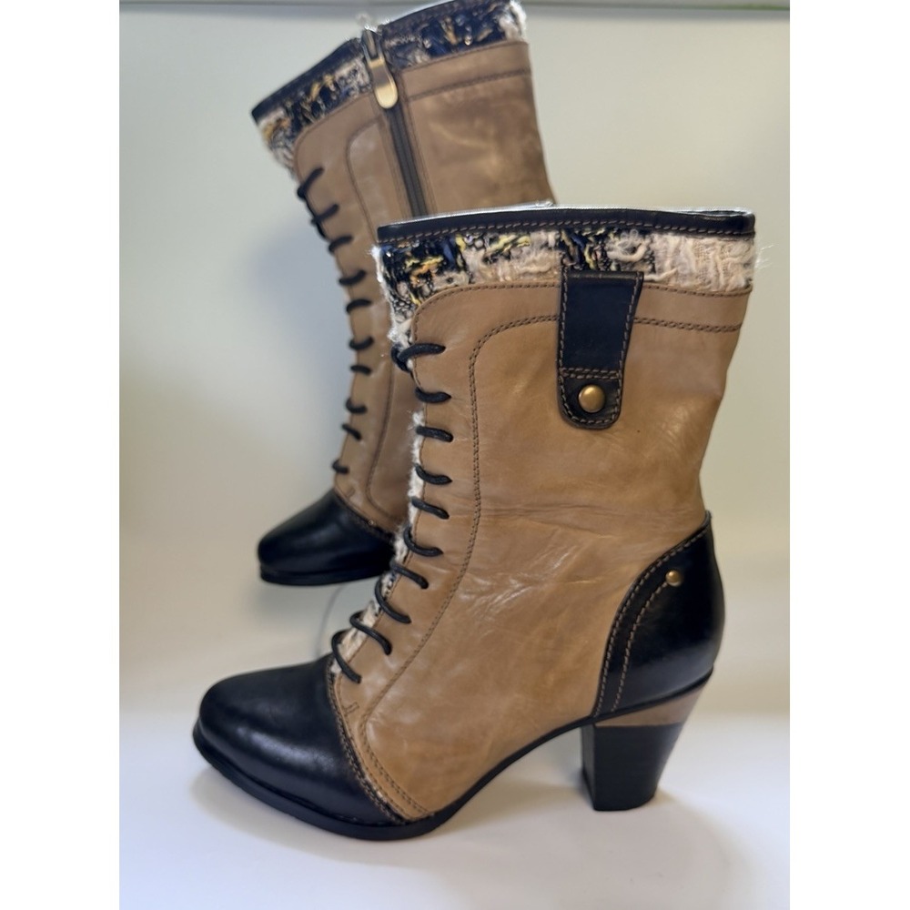 L'Artiste Boots Retro Size 36 US 6 Edwardian Victorian Tan Black Chunky Heels